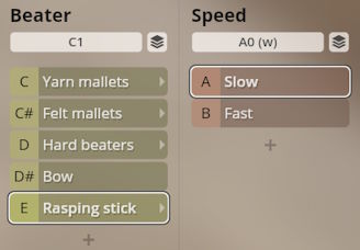 Studio Percussion software interface showing Beater and Speed controls. Beater options include Yarn mallets, Felt mallets, Hard beaters, Bow, and Rasping stick. Speed options are Slow and Fast.