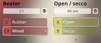 Virtual instrument software interface with Beater and Open/Secco settings for Studio Percussion, showing options for rubber or wood beater types and open or secco sound articulations.