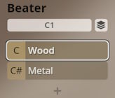 User interface showing Beater settings for Studio Percussion, with C1 selected and options for Wood and Metal beaters.