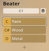 Studio Percussion beater selection menu showing Yarn, Wood, and Metal options for C, C#, and D notes.