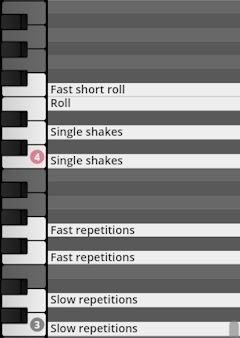 Digital piano keys with text labels like Fast short roll, Single shakes, Fast repetitions, and Slow repetitions, illustrating Studio Percussion software features for percussion sounds and articulations.