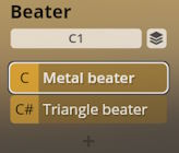 Beater selection menu for Studio Percussion virtual instrument, showing C1 note assigned to Metal beater and C# to Triangle beater, indicating customizable beater types for percussion sounds.