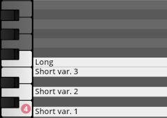 Virtual instrument interface showing a piano roll with Long and Short var. 1, 2, 3 labels, representing percussion sound variations in Studio Percussion software.