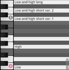 Studio Percussion keyboard keymap illustrating sound variations like low and high, short and long.