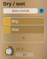 Studio Percussion VST plugin interface showing Dry/Wet mix controls with Dry selected and CC3 knob.