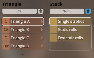 User interface showing sound programming options for VST Studio Percussion virtual instrument, with Triangle instrument selected and options for single strokes, static rolls, and dynamic rolls.