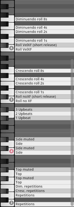 User interface showing Studio Percussion virtual instrument key mappings for diminuendo and crescendo rolls, upbeats, and muted and unmuted percussion sounds, optimized for music production and sound design.