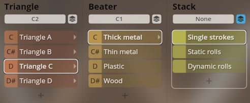 Studio Percussion interface showing virtual instrument options for Triangle sounds, Beater materials like thick metal, and Stack characteristics such as single strokes.