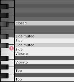 Virtual Instrument (VI) Percussion Collection showing keyboard key assignments for Studio Percussion articulations like closed, side muted, side, vibrato, and top.
