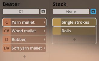 Studio Percussion user interface showing 'Beater' options like Yarn mallet, Wood mallet, Rubber, Soft yarn mallet, and 'Stack' options including Single strokes and Rolls, for controlling virtual percussion instruments.