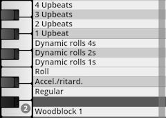 Keyboard with musical articulation and dynamic options including upbeats, rolls, and woodblock 1 selected, for Studio Percussion software.