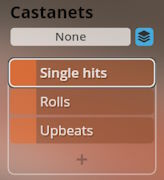 User interface showing Castanets selection with options for Single hits, Rolls, and Upbeats in Studio Percussion software.