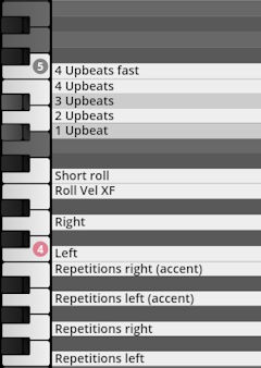 Studio Percussion interface showing control keys mapped to upbeats, rolls, and repetitions for rhythmic playback.