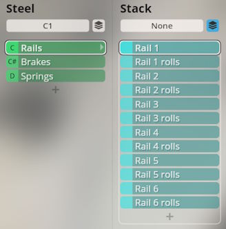 Studio Percussion interface showing Steel instrument selections including Rails, Brakes, Springs, and Stack options like Rail 1, Rail 2 rolls for VI Percussion Collection.