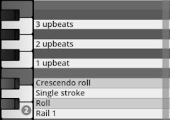 A close-up view of a digital piano roll interface displaying percussive articulation options like upbeats, crescendo roll, single stroke, and roll, relevant to Studio Percussion.