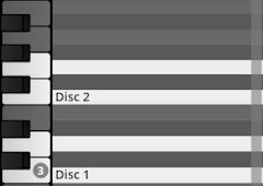 Digital musical keyboard layout showing Disc 2 and Disc 1 labels, representing content organization for Studio Percussion software.