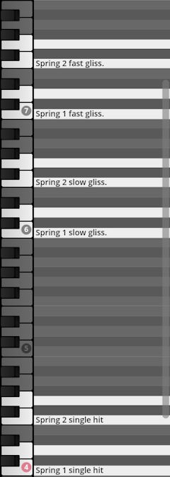 Virtual VST percussion keyboard mapping interface showing various Spring glissando and single hit patches for Studio Percussion.
