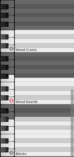 Screenshot showing a virtual keyboard interface with labeled Studio Percussion instrument definitions: Wood Crates, Wood boards, and Blocks.