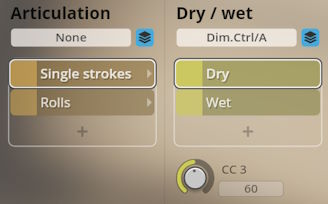 Digital audio workstation interface showing articulation settings like Single Strokes and Rolls, alongside dry or wet audio control, for virtual percussion instruments in Studio Percussion software.