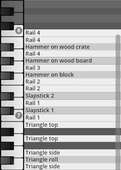 Digital interface showing a list of Studio Percussion instrument articulations like Rail, Hammer on wood crate, Slapstick, and Triangle, mapped to piano keys for virtual instrument software.