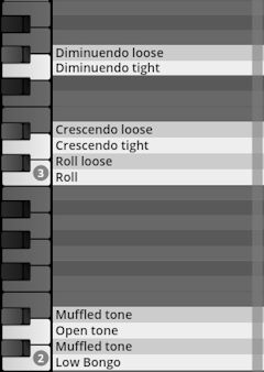 Virtual Instrument Studio Percussion keyboard mapping displaying articulation labels like diminuendo, crescendo, roll, muffled tone, open tone, and low bongo.