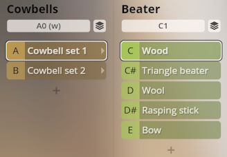 Studio Percussion virtual instrument interface showing dropdown menus for selecting cowbell sets and beater types like wood, triangle beater, wool, rasping stick, and bow.