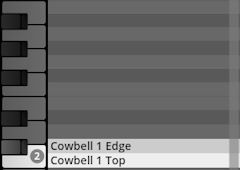Digital audio interface displaying piano keys and a list of percussion sounds: Cowbell 1 Edge, Cowbell 1 Top.