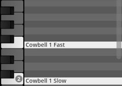 Musical interface showing Cowbell 1 Fast and Cowbell 1 Slow instrument options, demonstrating percussion sound selection in Studio Percussion software.
