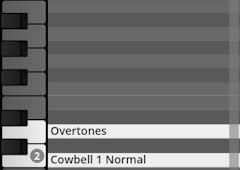 Screenshot of Studio Percussion software interface showing Midi keyboard and instrument list including Overtone and Cowbell 1 Normal.