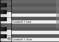 Virtual instrument interface displaying a piano roll with two labeled percussion notes: Cowbell 1 Fast and Cowbell 1 Slow, for Studio Percussion software.