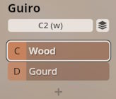 Guiro instrument selection with options for C Wood and D Gourd sounds in Studio Percussion software.