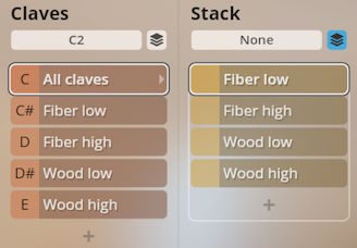 Studio Percussion interface showing C2 Claves and Stack options with Fiber and Wood sound selections.