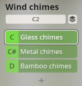 Studio Percussion virtual instrument interface showing options for wind chimes including glass, metal, and bamboo chimes with associated musical notes.