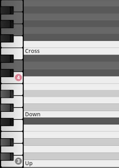 Studio Percussion interface showing virtual piano keys with labeled sections Cross, Down, and Up.