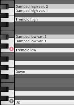 Graphical user interface showing piano keys on the left mapping to percussion sound variations like Damped High, Tremolo High, Damped Low, and Tremolo Low, with labeled keys for Up and Down in Studio Percussion software.