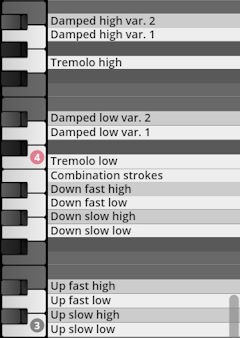 Virtual instrument key map for Studio Percussion, displaying various articulations like damped high, tremolo, combination strokes, and up/down strokes, visually linked to piano keys for sound assignments.