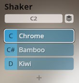 Digital interface showing Shaker with options Chrome, Bamboo, and Kiwi for percussion sounds in Studio Percussion software.