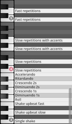 Virtual Studio Percussion instrument interface displaying performance articulations like repetitions, accelerando, ritardando, crescendos, diminuendos, rolls, and shakes, mapped to piano keys for sound variation.