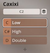 User interface displaying Caxixi percussion instrument settings, with options for C Low, C# High, and D Double articulations.