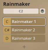 Rainmaker percussion sound selector interface with C2 octave and Rainmaker 1, Rainmaker 2, Rainmaker 3 options.