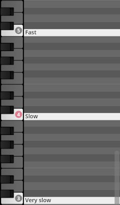 Virtual piano keyboard display showing Fast, Slow, and Very slow velocity controls for Studio Percussion sound library.