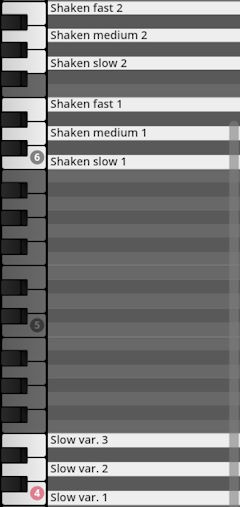 Virtual instrument percussion sound bank interface showing shaken and slow variation effects mapped to a piano roll.