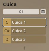 Digital interface showing Cuica instrument selection with options Cuica 1, Cuica 2, and Cuica 3 for Studio Percussion.