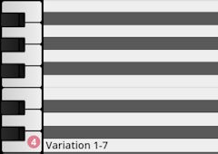 A close-up of a digital keyboard with white and black keys on the left, next to horizontal black and white bars labeled Variation 1-7, indicating a percussion sound library or virtual instrument interface.