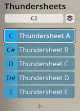 User interface showing Thundersheets instrument choices within Studio Percussion software, with C Thundersheet A highlighted.