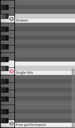 User interface depicting keyboard keys and percussion techniques: Shaken, Single hits, Free performance.