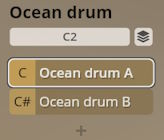 Digital interface showing audio settings for an Ocean drum, with C2 selected and options for Ocean drum A and Ocean drum B visible, likely part of the Studio Percussion software.