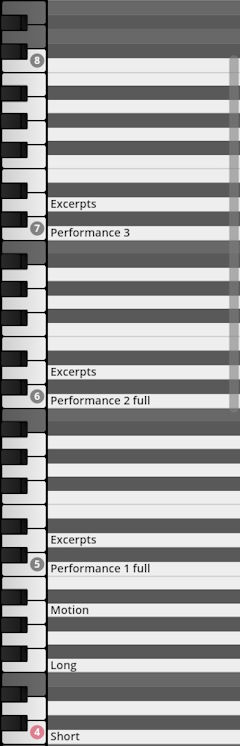 Studio Percussion virtual instrument keyboard mapping showing performance types, excerpts, motion, long, and short samples.