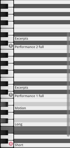 Virtual Studio Percussion software interface displaying sound library categories and performance options like Excerpts, Motion, Long, and Short, with keyboard key assignments.