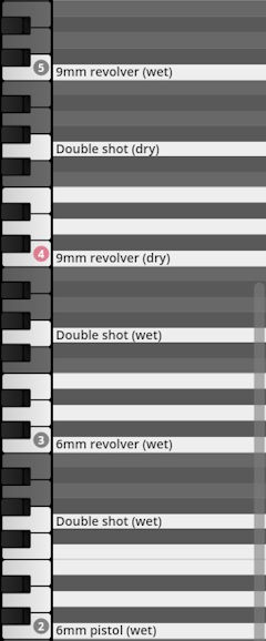 Studio Percussion revolver and pistol sound samples with dry and wet effects displayed on a piano roll interface.